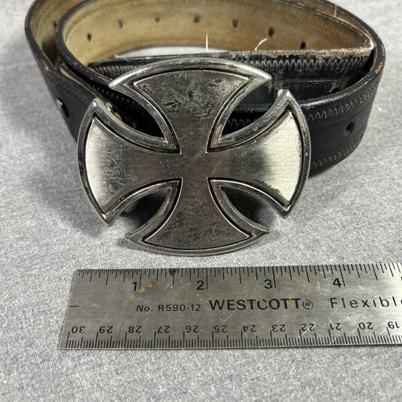 Silver Cutout Open Cross Belt Buckle & Leather Belt Vintage Shows Some Ware - Picture 3 of 8